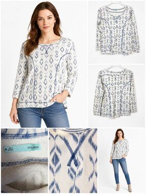 Maurices M Cream Blue Ikat Print Pullover Sweatshirt